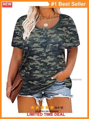 Plus Size Henley Shirts for Women Button Up Short Sleeve Summer Tunics